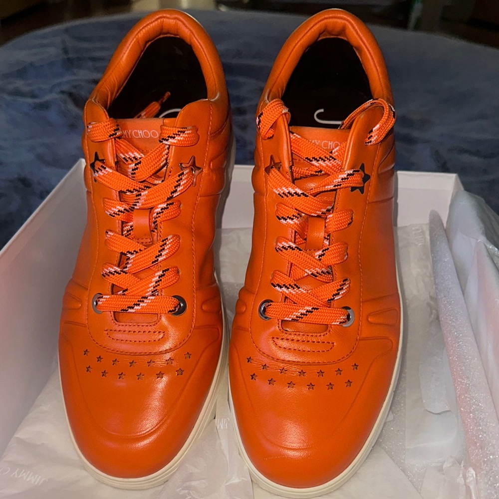 Jimmy Choo Orange Leather Star-Detail Sneakers with box